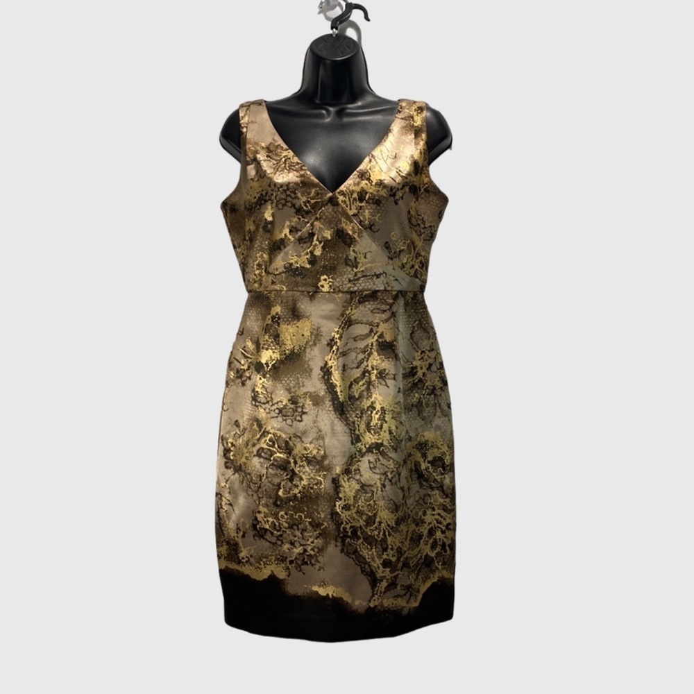 TAHARI METALLIC SNAKE PRINT V-NECK SLEEVELESS SHEATH DRESS BROWN & GOLD SZ 4